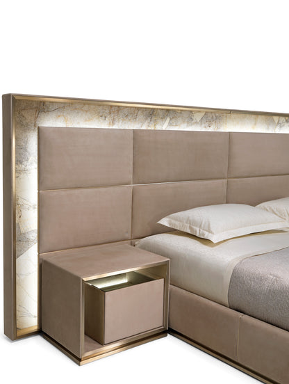 Full Wall Marble LED Headboard Bed, Leather Upholstered Platform Bed with Built-in Nightstands