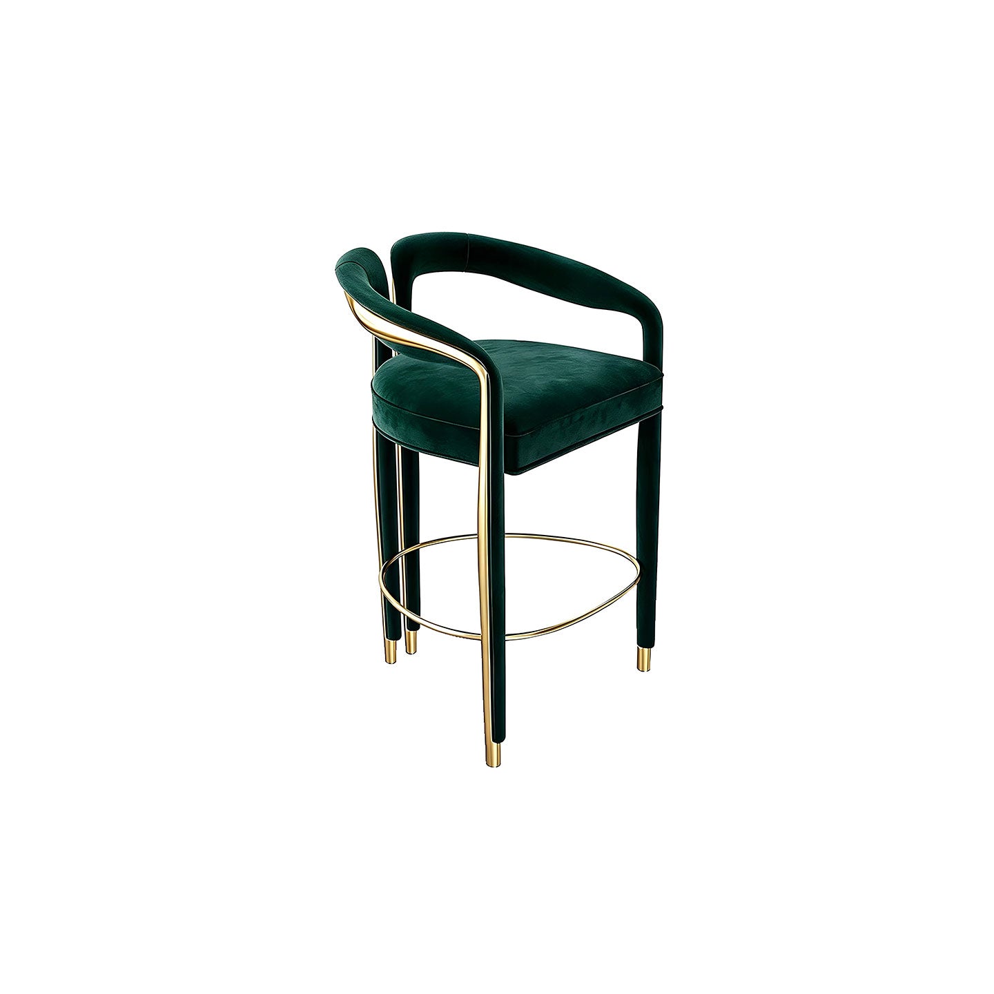 Green Velvet Counter Bar Stool with Gold Metal Accent, Modern Luxury Curved Arm Bar Chair