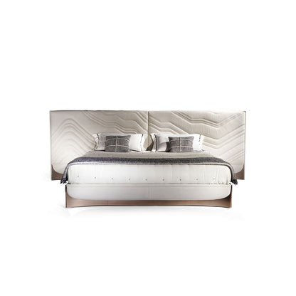 Cream Wavy Stitch Upholstered Bed Rose Gold Metal Base Luxury King Size Bed Frame