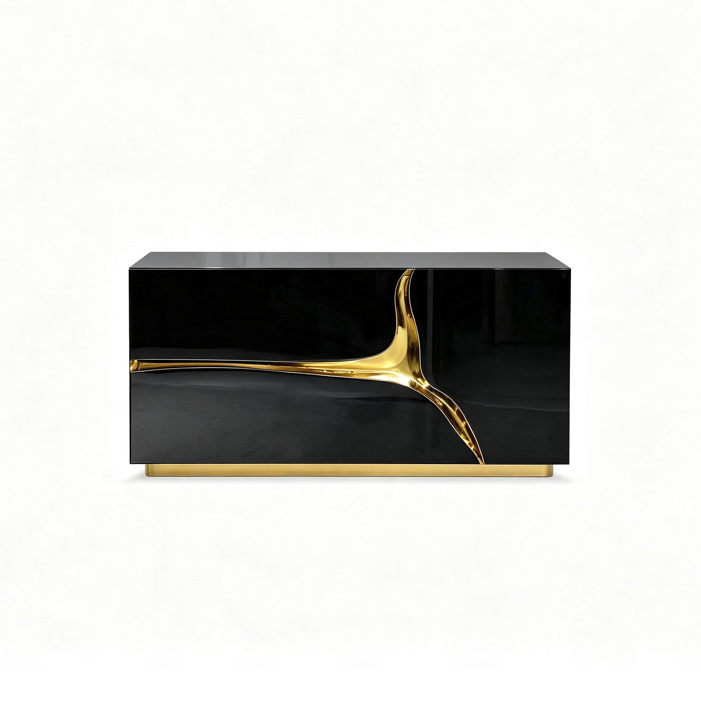 Luxury Black High Gloss Nightstand with Sculptural Gold Brass Inlay