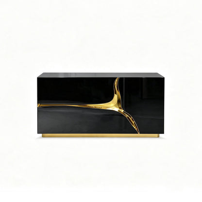 Luxury Black High Gloss Nightstand with Sculptural Gold Brass Inlay