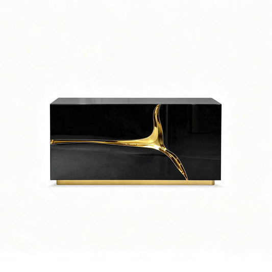 Luxury Black High Gloss Nightstand with Sculptural Gold Brass Inlay
