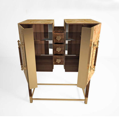 Luxury "Metropolitan" Contemporary Modern Cabinet in Walnut Wood, Mirror & Brass