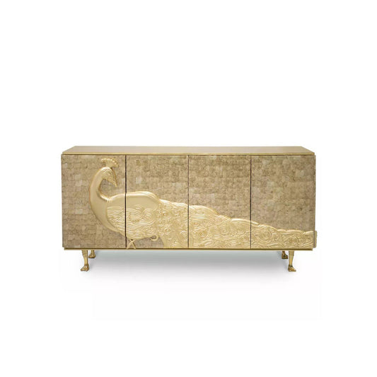 Mother of Pearl Peacock Relief Gold Sideboard, Luxury Carved Shell Storage Credenza
