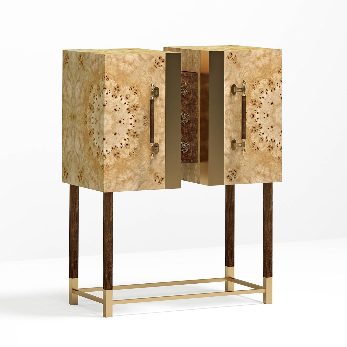Luxury "Metropolitan" Contemporary Modern Cabinet in Walnut Wood, Mirror & Brass