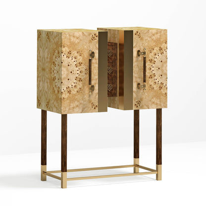 Luxury "Metropolitan" Contemporary Modern Cabinet in Walnut Wood, Mirror & Brass