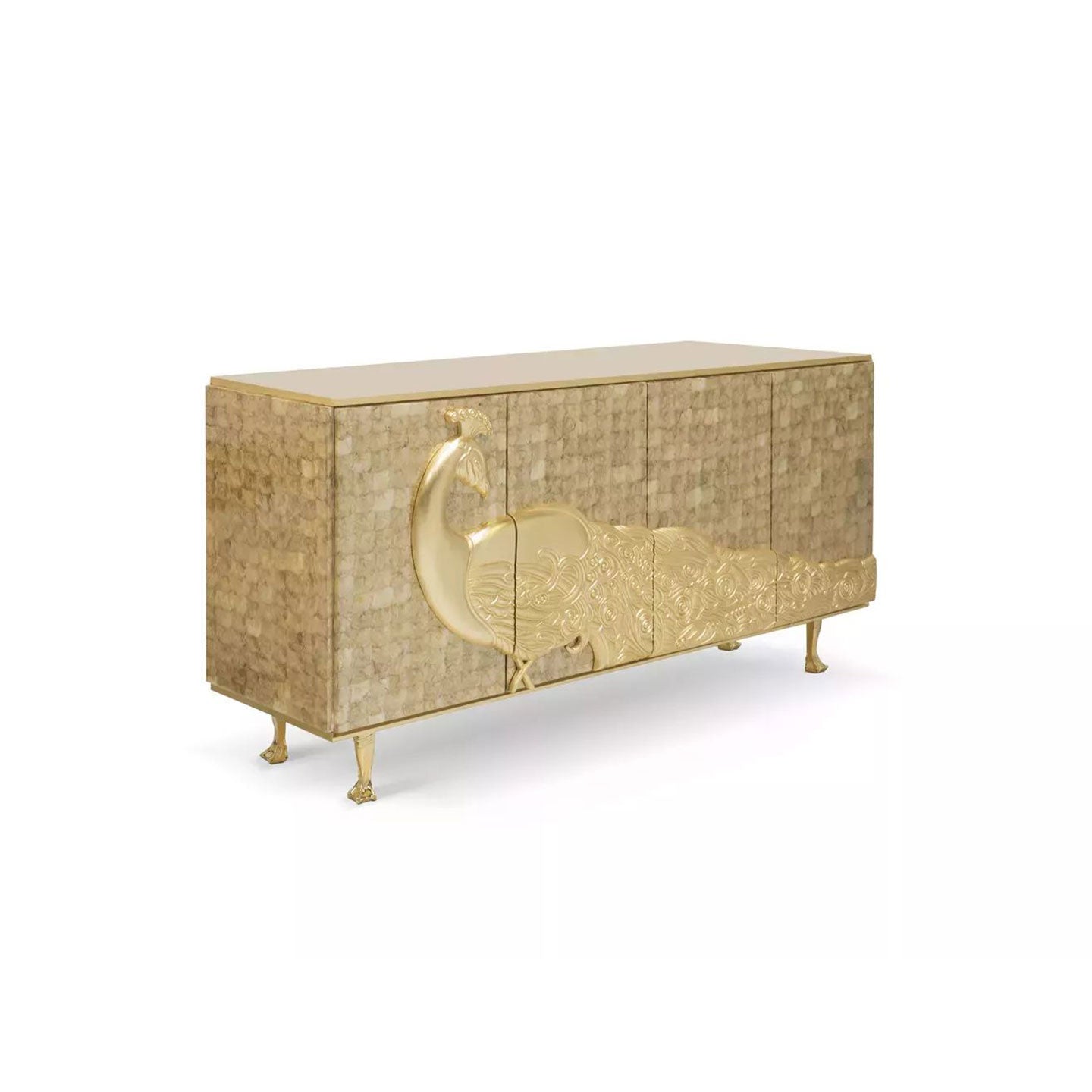 Mother of Pearl Peacock Relief Gold Sideboard, Luxury Carved Shell Storage Credenza