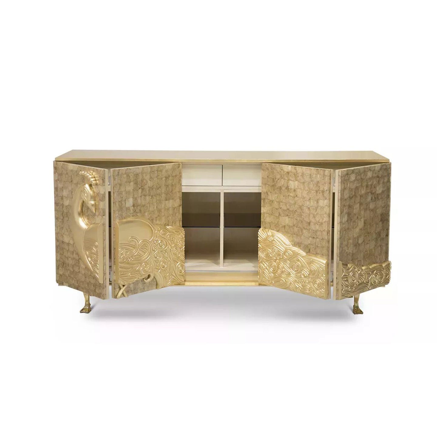 Mother of Pearl Peacock Relief Gold Sideboard, Luxury Carved Shell Storage Credenza