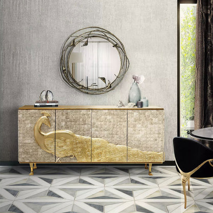Mother of Pearl Peacock Relief Gold Sideboard, Luxury Carved Shell Storage Credenza