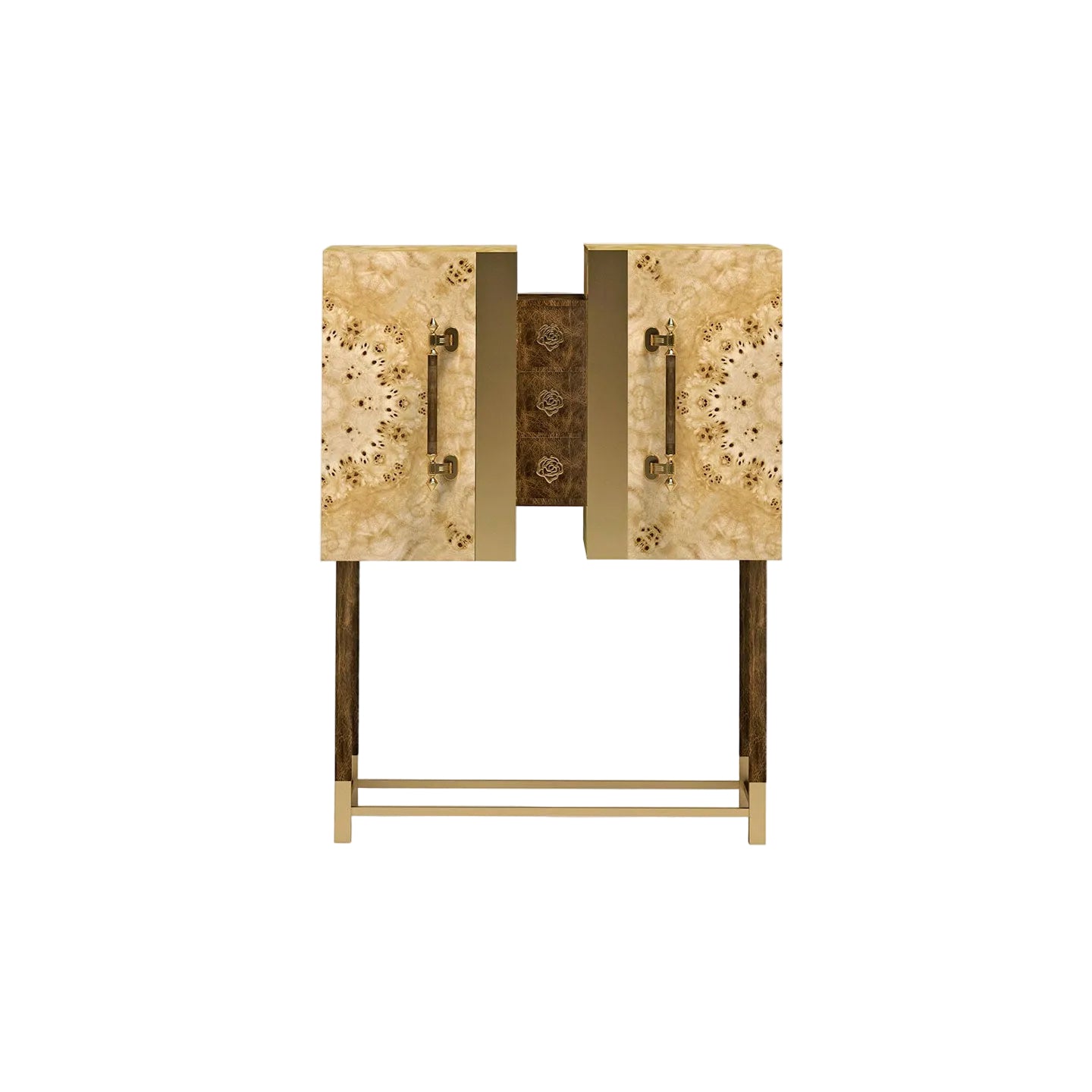 Luxury "Metropolitan" Contemporary Modern Cabinet in Walnut Wood, Mirror & Brass