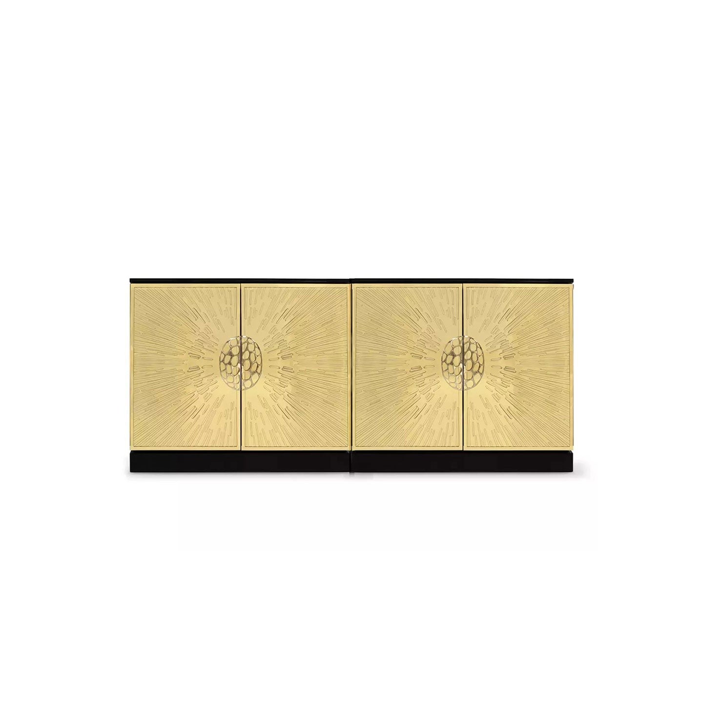 Radiant Sunburst Embossed Gold Sideboard, Black Base Luxury 4-Door Storage Credenza