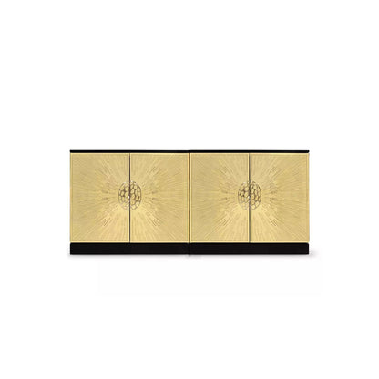 Radiant Sunburst Embossed Gold Sideboard, Black Base Luxury 4-Door Storage Credenza