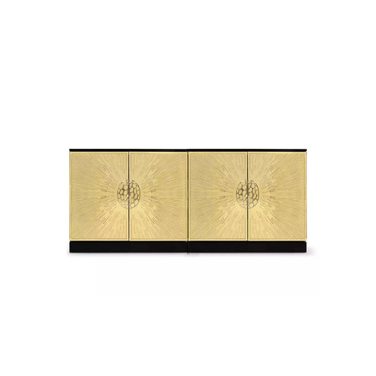 Radiant Sunburst Embossed Gold Sideboard, Black Base Luxury 4-Door Storage Credenza