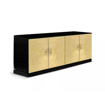 Radiant Sunburst Embossed Gold Sideboard, Black Base Luxury 4-Door Storage Credenza