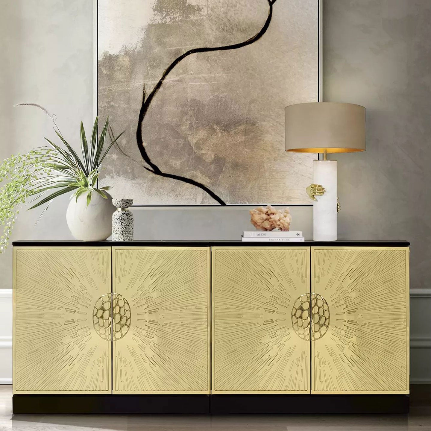 Radiant Sunburst Embossed Gold Sideboard, Black Base Luxury 4-Door Storage Credenza