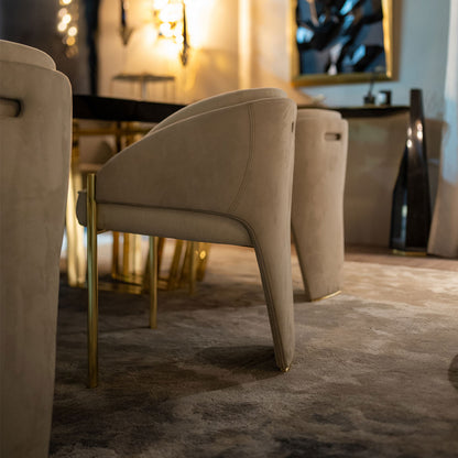 Beige Fabric  Dining Arm Chair Polished Gold Metal Frame Accent Chair
