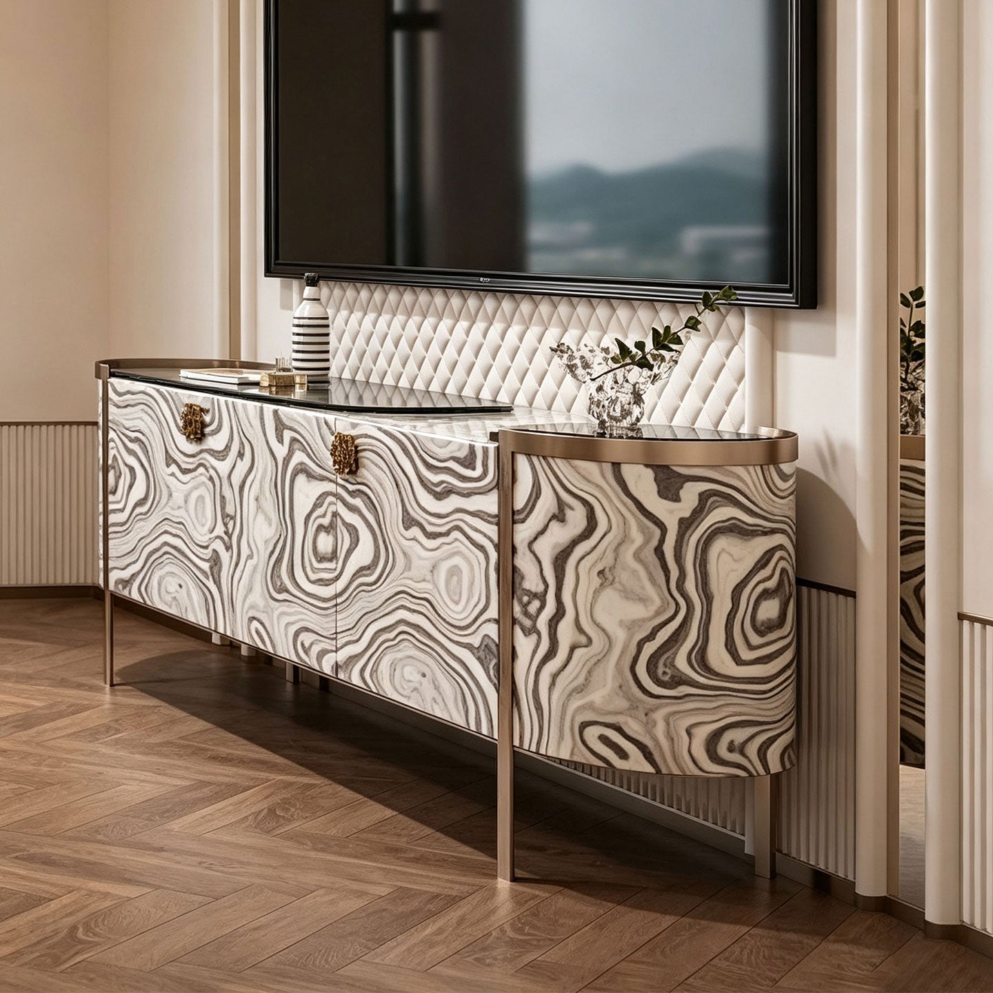 Grey Swirl Veneer Dresser with Polished Gold Frame 3 Drawer Luxury Vanity Cabinet
