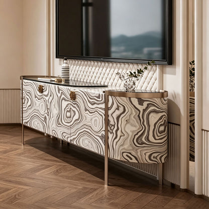 Grey Swirl Veneer Dresser with Polished Gold Frame 3 Drawer Luxury Vanity Cabinet
