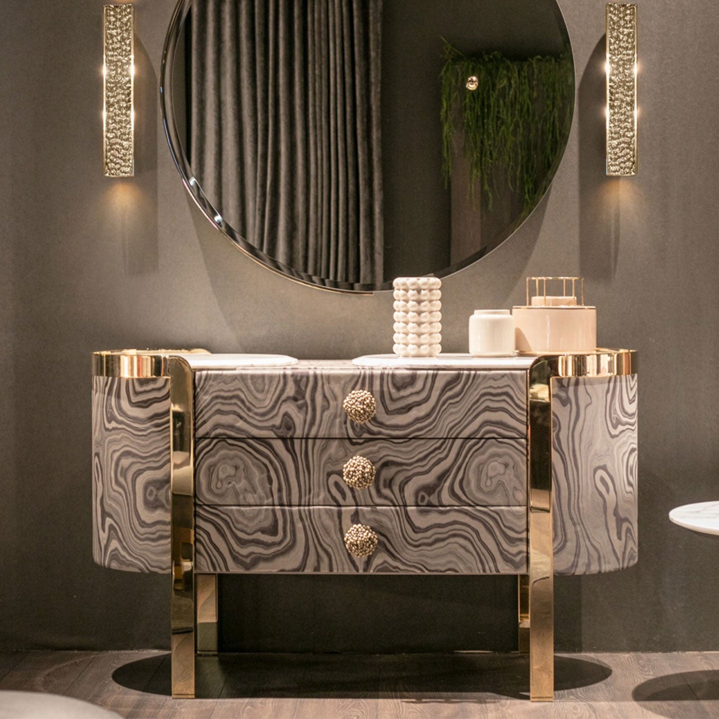 Grey Swirl Veneer Dresser with Polished Gold Frame 3 Drawer Luxury Vanity Cabinet