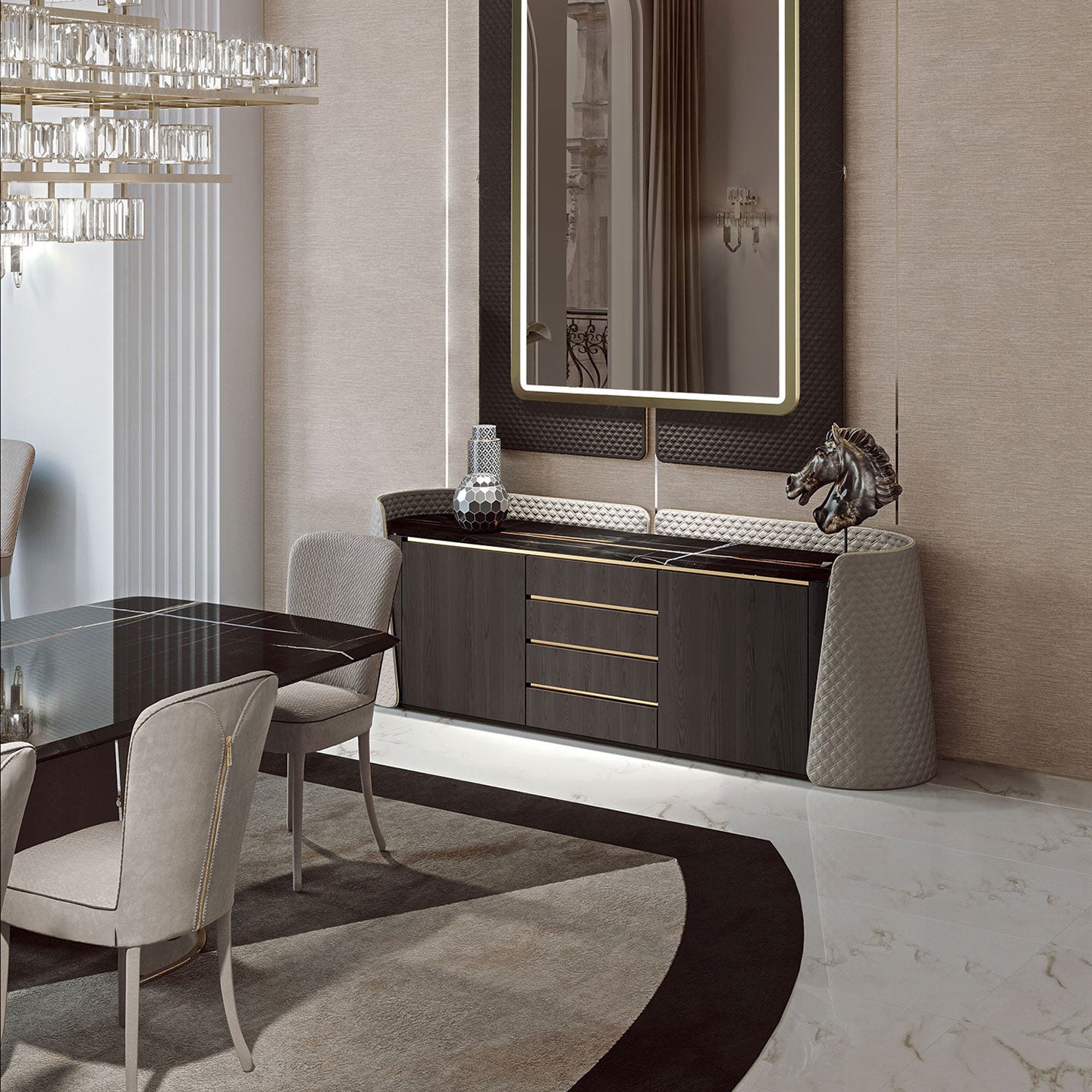 Luxury Leather & Marble Sideboard | 5-Drawer Storage Cabinet