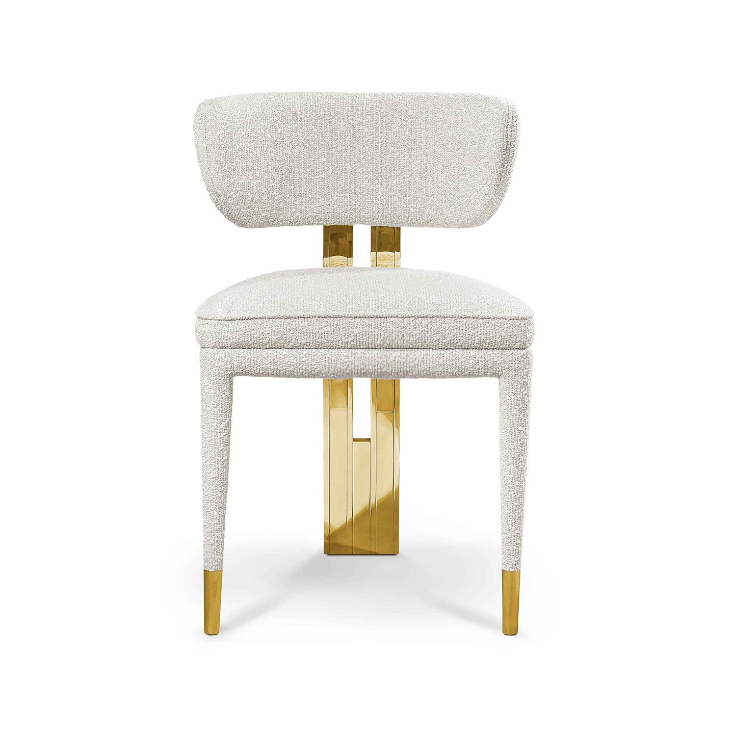 White Boucle Upholstered Dining Chair Polished Gold Slatted Back Support Legs