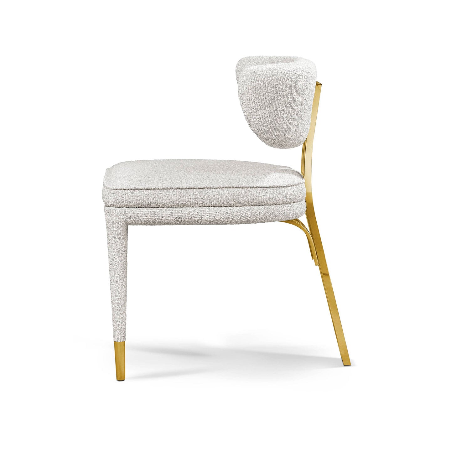 White Boucle Upholstered Dining Chair Polished Gold Slatted Back Support Legs