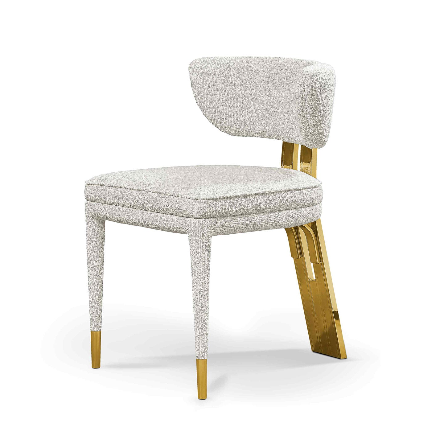 White Boucle Upholstered Dining Chair Polished Gold Slatted Back Support Legs