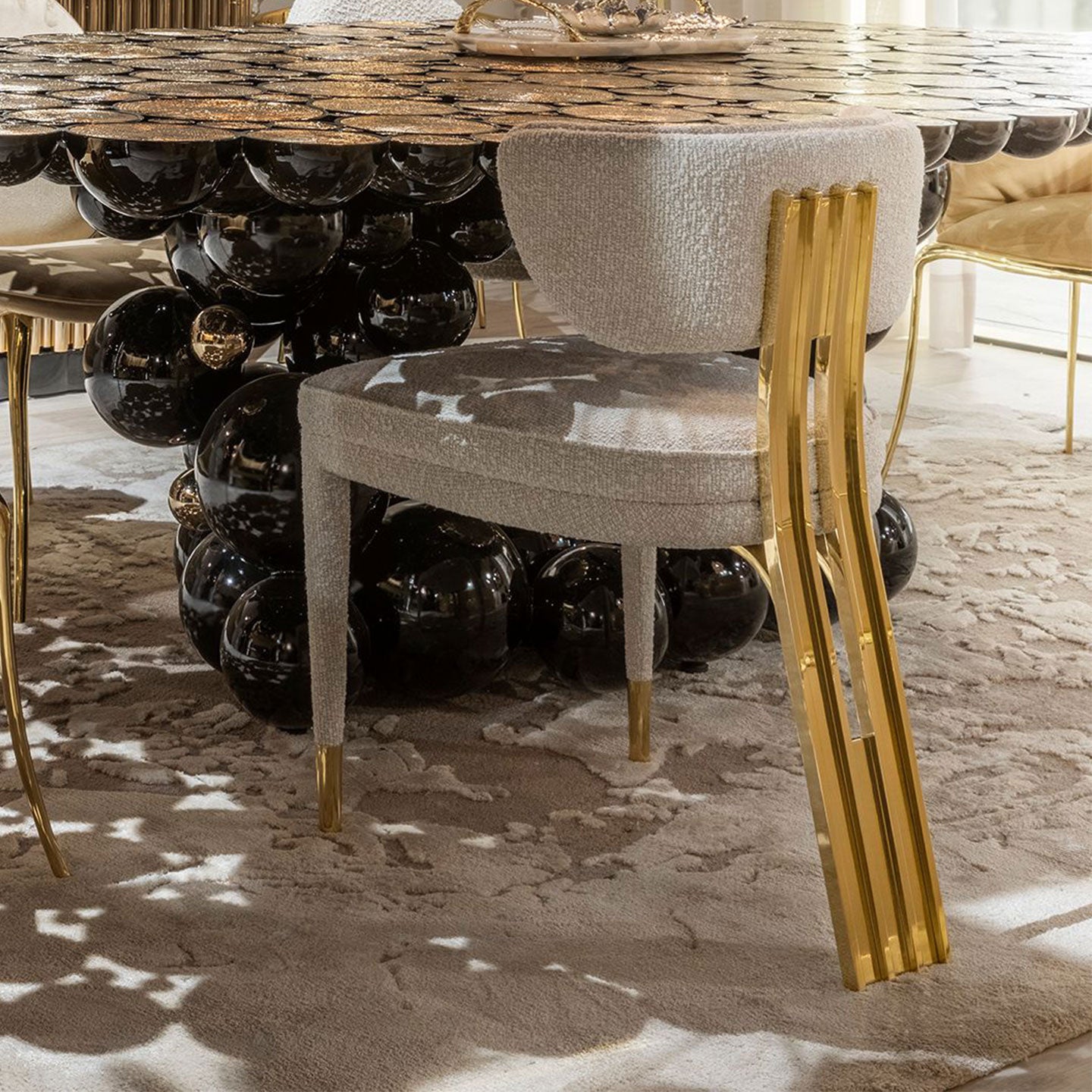 White Boucle Upholstered Dining Chair Polished Gold Slatted Back Support Legs