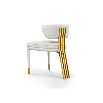 White Boucle Upholstered Dining Chair Polished Gold Slatted Back Support Legs