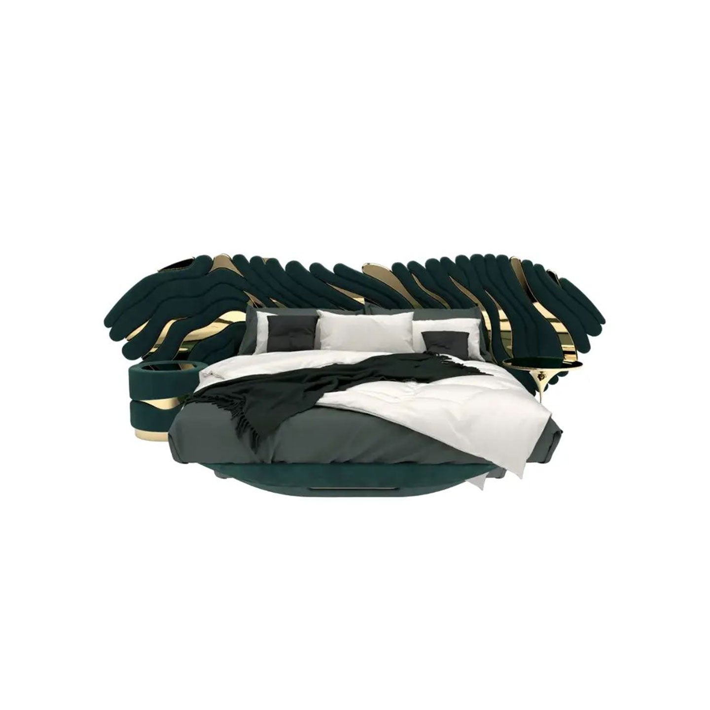 Emerald Green Velvet Wave Wingback Bed, Luxury Sculptural Gold Accent  Platform Bed