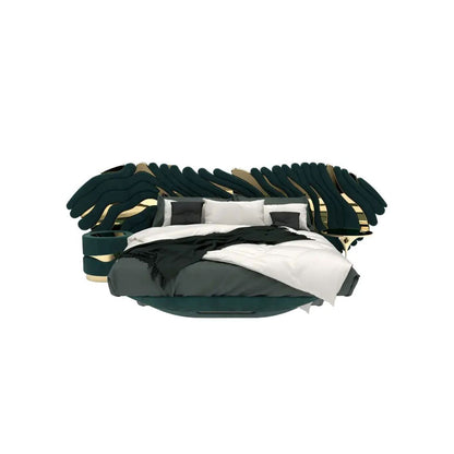 Emerald Green Velvet Wave Wingback Bed, Luxury Sculptural Gold Accent  Platform Bed