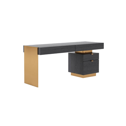Luxury Dark Wood & Gold Office Desk with Storage Drawers