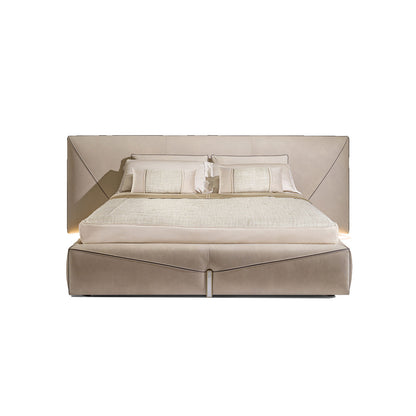 Modern Geometric Upholstered Bed, Oversized Wing Headboard Bed Frame with Ambient LED Light
