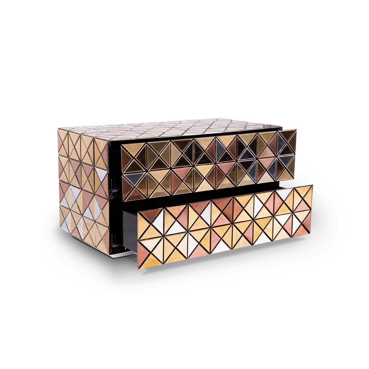 Luxury Geometric Mosaic Nightstand, Triangular Metal Inlay Bedside Table for High-End Bedroom