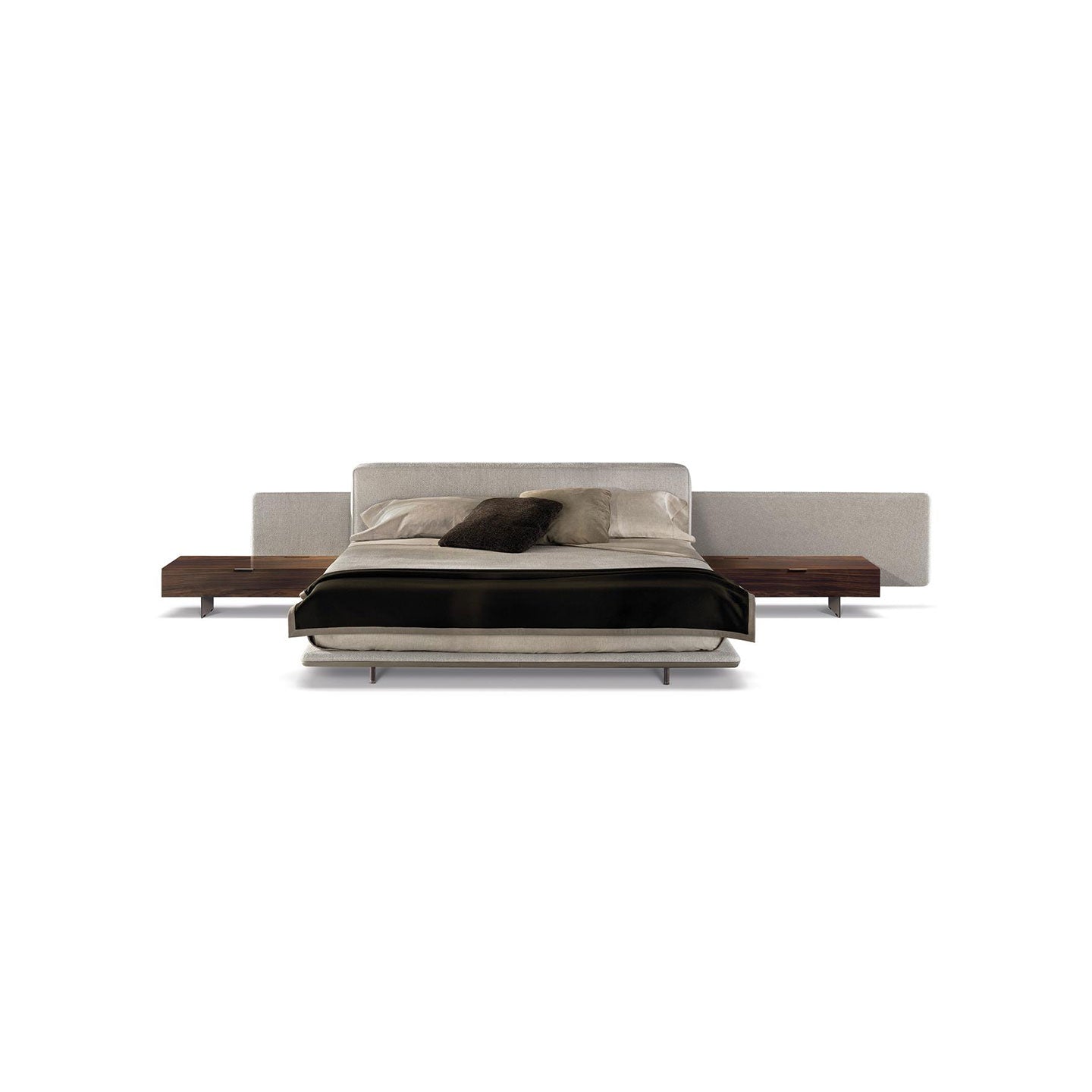 Extended Side Panel Upholstered Bed with Floating Wood Nightstands