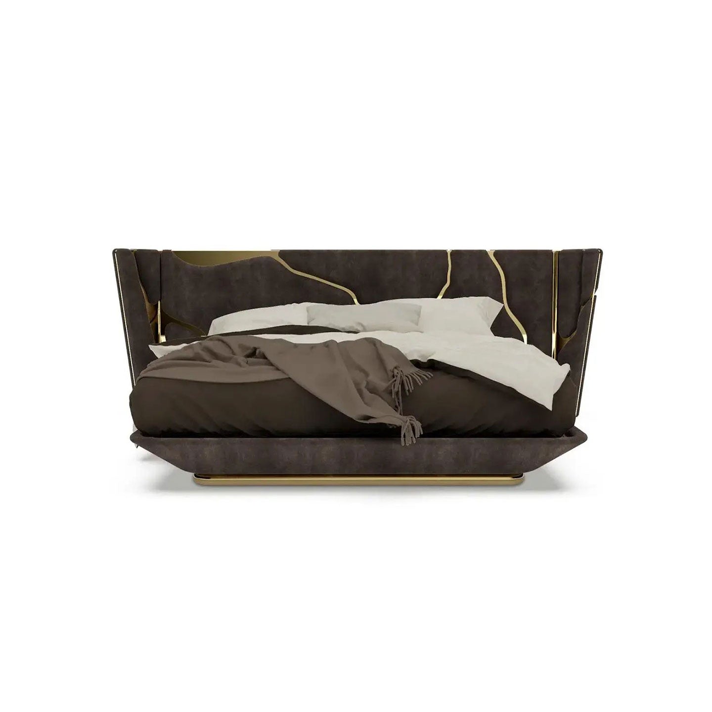 Dark Suede Wing Upholstered Bed with Gold Inlay, Luxury Modern Floating Bed