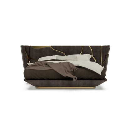 Dark Suede Wing Upholstered Bed with Gold Inlay, Luxury Modern Floating Bed