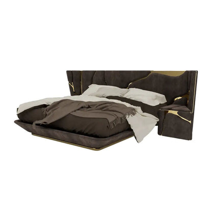 Dark Suede Wing Upholstered Bed with Gold Inlay, Luxury Modern Floating Bed