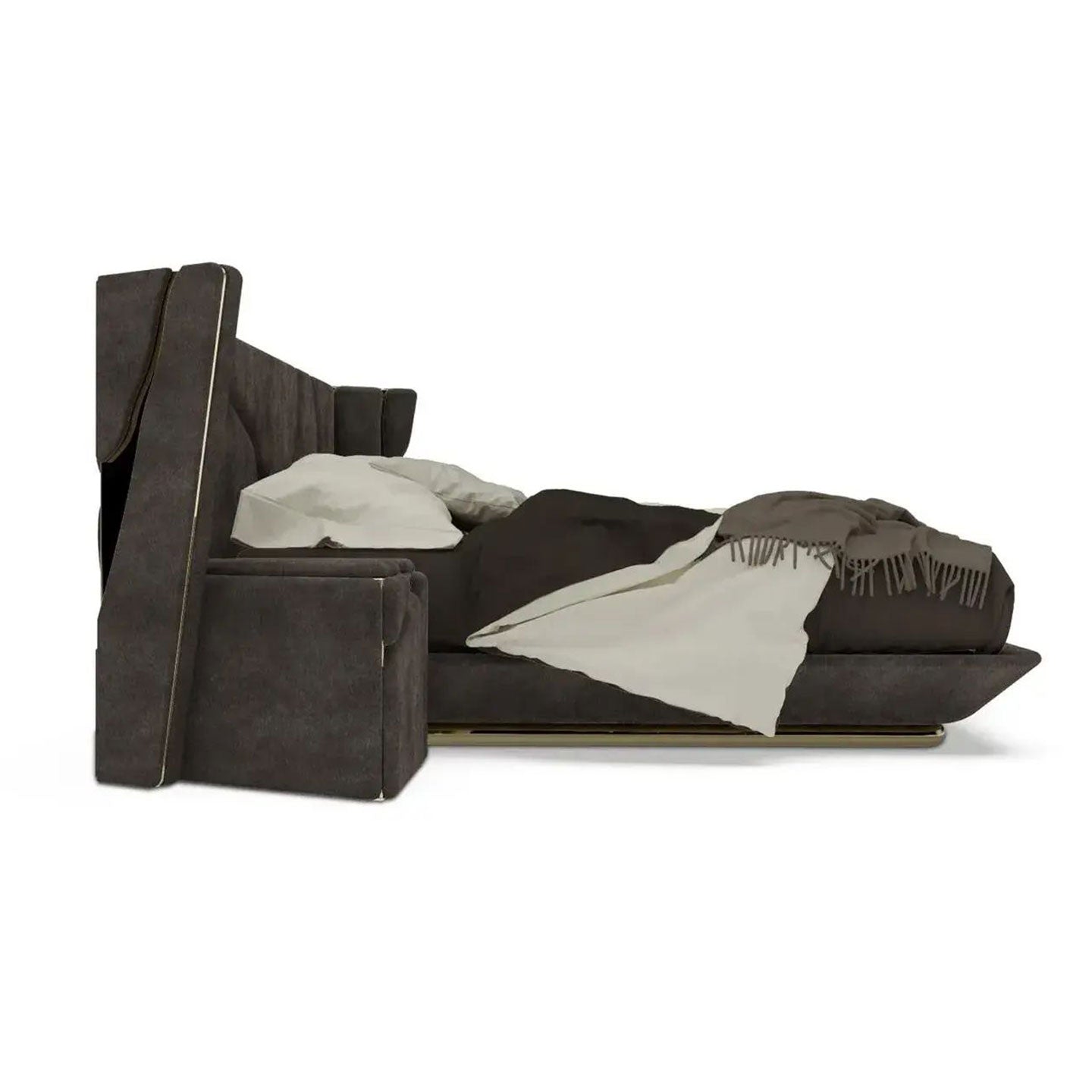 Dark Suede Wing Upholstered Bed with Gold Inlay, Luxury Modern Floating Bed