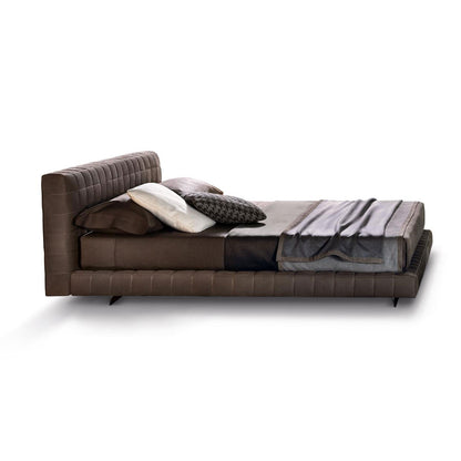Brown Grid Tufted Suede Upholstered Bed, Square Channel Quilted Low Profile Platform Bed Frame