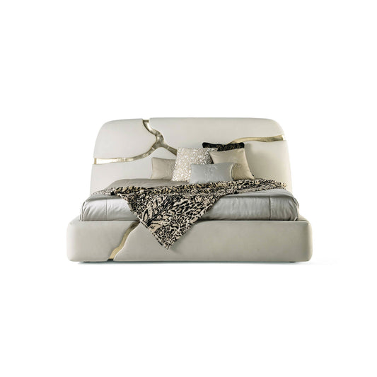 White Upholstered Platform Bed with Abstract Gold Stainless Steel Inlay Luxury Bed Frame