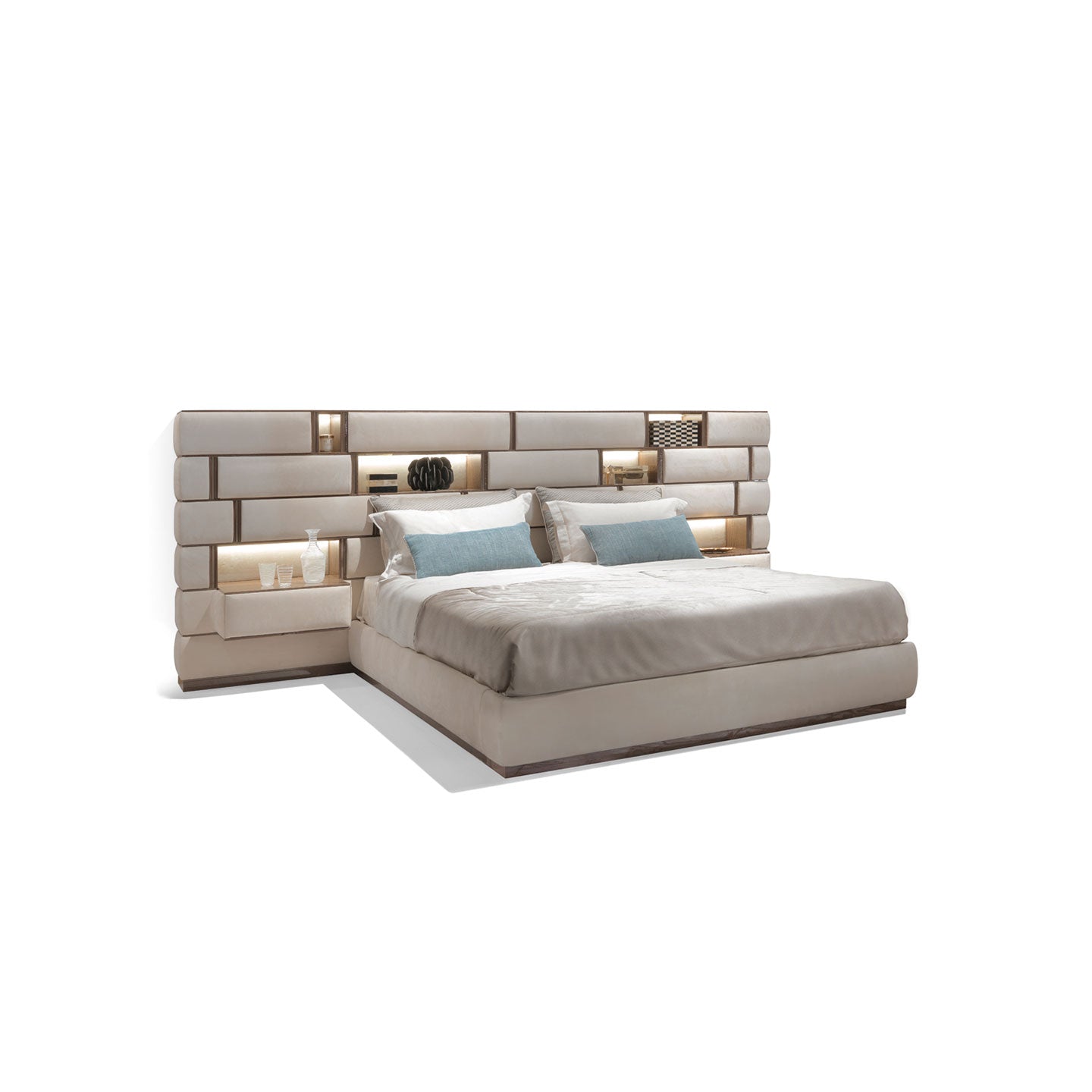 Geometric Block Tuft Upholstered Bed with LED Nightstands, Luxury Metal Trim Platform Bed Frame