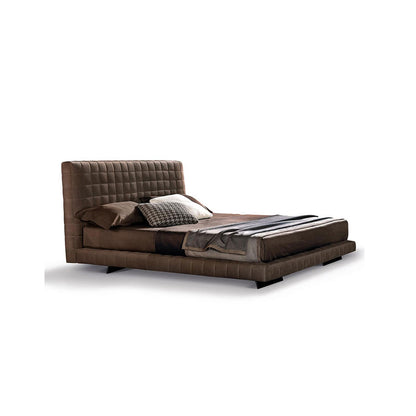 Brown Grid Tufted Suede Upholstered Bed, Square Channel Quilted Low Profile Platform Bed Frame
