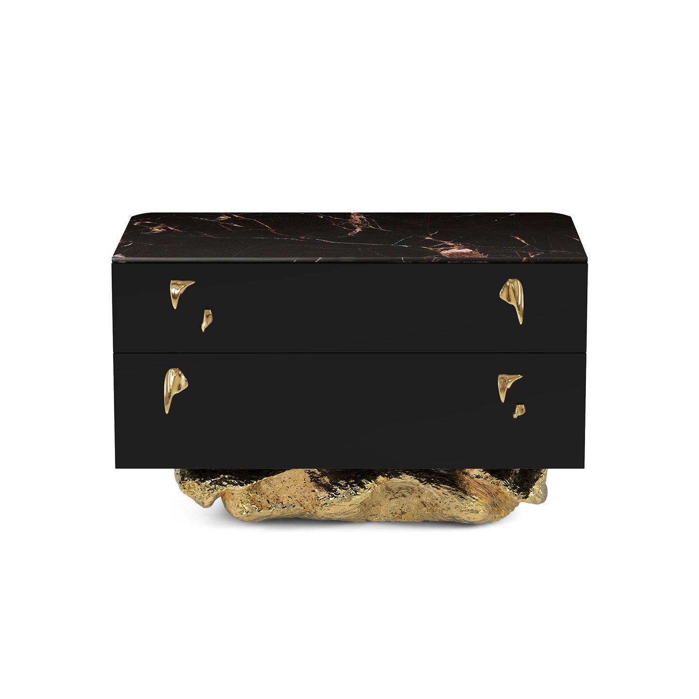 Luxury Black Marble Nightstand with Sculptural Gold Base, Modern 2-Drawer Bedside Cabinet with Gold Accents for High-End Bedroom