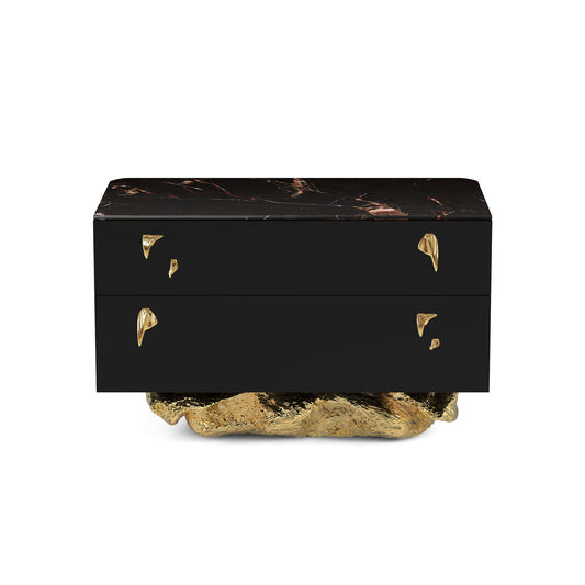 Luxury Black Marble Nightstand with Sculptural Gold Base, Modern 2-Drawer Bedside Cabinet with Gold Accents for High-End Bedroom