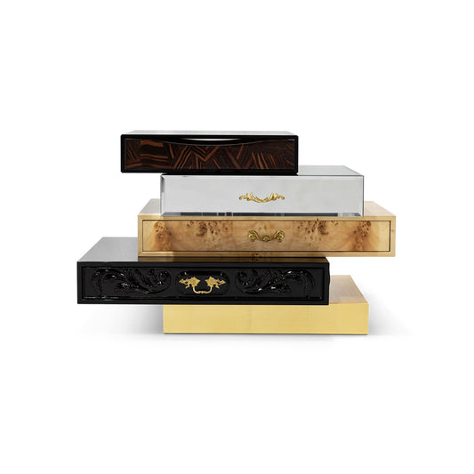 Luxury  Wood Nightstand with Gold Brass Handle, Modern Lacquer Bedside Cabinet with Polished Gold Finish for High-End Bedroom