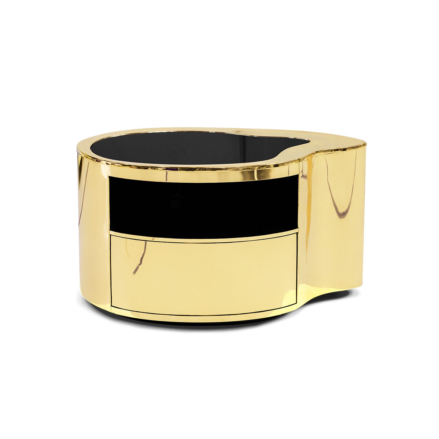 Luxury Curved Gold Nightstand, Polished Brass Bedside Table with Black Interior for High-End Bedroom