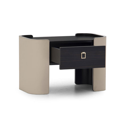 Luxury Leather-Wrap Nightstand, Black Wood Veneer Drawer, Modern Beige Bedside Table for High-End Bedroom