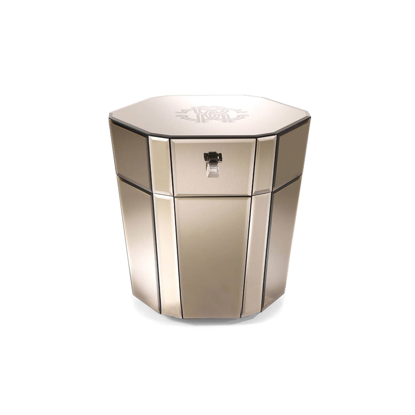 Luxury Octagonal Mirror Nightstand with Monogram Detail, Modern High-Gloss Gold Bedside Cabinet for High-End Bedroom