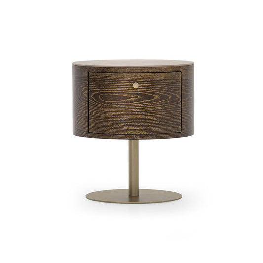 Luxury Round Wood Nightstand with Brass Accent, Modern Pedestal Bedside Table for High-End Bedroom